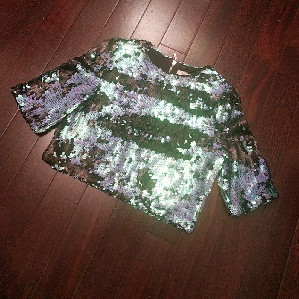 Lucy Paris Short Sleeve Sequin Cropped Top - Blue/Black